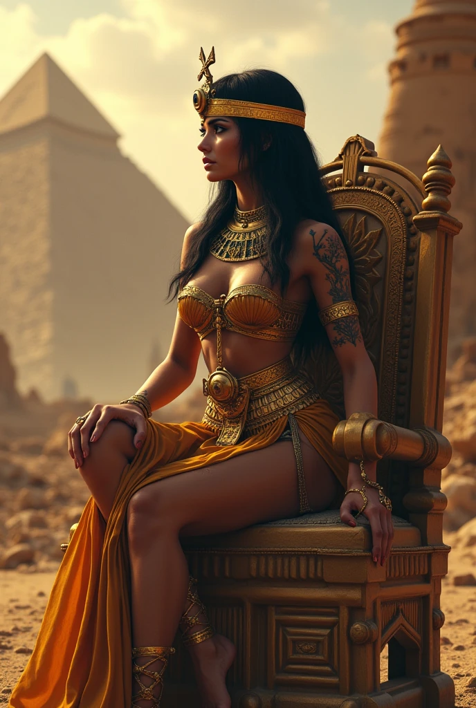Queen Cleopatra, beautiful detailed woman with perfect curves, big round ass, great bosom, wearing a tight sexy outfit, sitting on a golden throne, pyramids and julius Cäsar in the background, oasis in the desert, dramatic lighting, intricate details, photorealistic, 8k, HDR, highly detailed, vibrant colors, cinematic composition, chiaroscuro lighting, dramatic shadows, warm color tones, professional digital art
