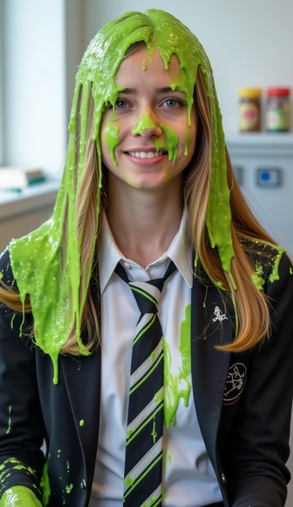 Portrait photograph of blonde woman covered in dripping green slime. Wearing white dress shirt with a neatly tied striped tie. black blazer. short skirt. f/1.4 aperture. hyper-realistic style. Slime. 8k. Masterpiece. Inside classroom. Sitting atop desk. Daytime. Golden light. Glistening liquid. Raw photo. Long layered haircut. Viscous strands dripping down face. Slime on chest.