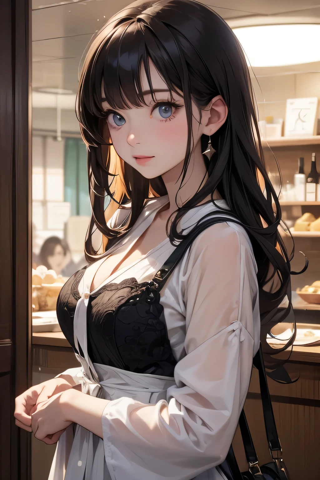 (photorealistic:1.8, highest quality:1.8,8K masterpiece:1.8,High resolution,muste piece:1.8,RAW Photos,cinematic lighting),No split screen、morning、Good Morning、The coffee shop of the future、A woman brewing delicious coffee、25old girl、1Girl shop assistant、choker、uniform、mini skirt、beautiful breasts、beautiful thighs、plump nipples、(Nipples visible through clothing)、cutting edge fashion、 (Beautiful, shiny, pale, gray, black, brown hair:1.5)、smile