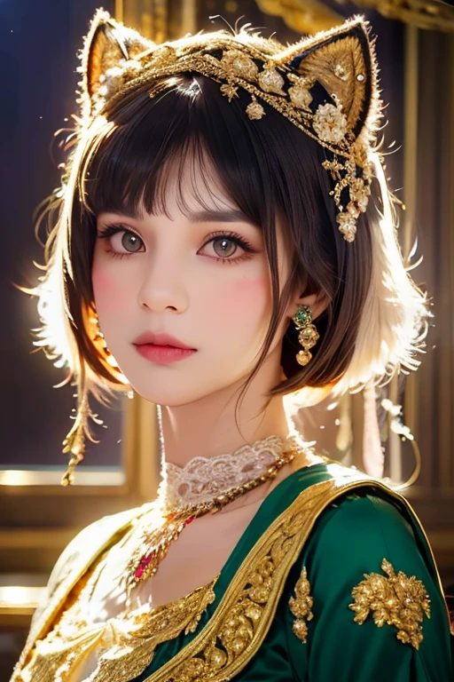 Beautiful girl with furry cat ears, intricate gold jewelry, Luxurious headdress,  elegant silk clothing  , shaggy cat ears on her head  ,  rich gemstone colors  ,  cinematic composition  ,  detailed facial features  , elegant lace patterns  ,  luxurious palace interior  , Luxurious textures, dramatic shadows,  ornate architectural details  ,  8 thousand , Photorealistic portrait of a girl with cat ears.  