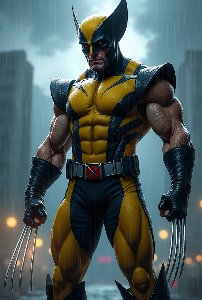 (masterpiece), full body view raw photo of wolverine angry, at night,with is typic  wolverine yellow suit  cool, badass, hero, angry, marvel, short hair, realistic, detailed, , epic, cinematic, 4k, logan, (photorealistic:1.3), ultradetailed, perfect face, serious,the man posture displays a immense hate and anger, gorgeous background, man focus, light shading, perfect lighting, scary , XB