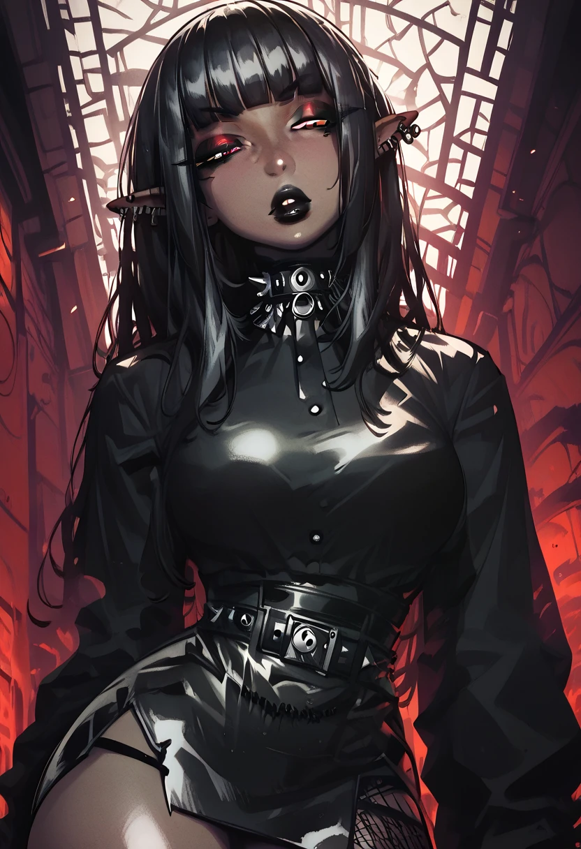 score_9, score_8_up, score_7_up, score_6_up, score_5_up, score_4_up, BREAK 1girl, ((dark skin)), brown skin, elf ears, goth, black hair, straight hair, long hair, red eyes, thick lips, long eyelashes, half-closed eyes, blunt bangs, adult, black eyeliner, ear piercings, black lips, black and red eyeshadow, looking at viewer, BREAK solo, medium breasts, shiny skin, indoors, standing, long sleeved black blouse with bow, long black skirt