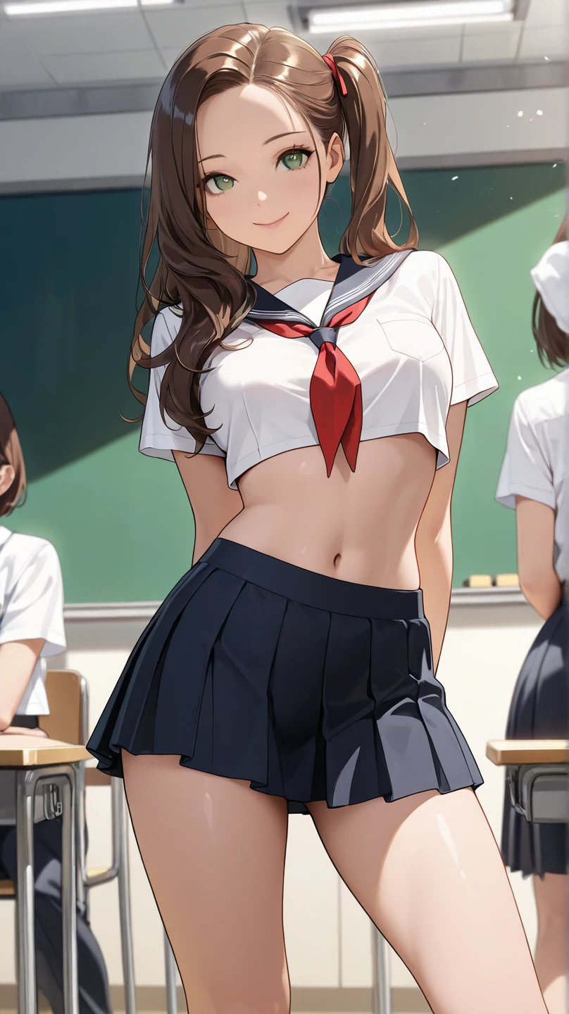 (((masterpiece, Highest quality, High resolution, 超High resolution, Perfect Pixel, Depth of written boundary, 4K, RTTX 10.0))), Beautiful Anime Women, Beautiful art style, Anime characters, ((Smooth texture, Realistic texture, Anime CG Style)), Exact finger count、Exact number of legs、(Exact number of arms:1.0, Exact number of hands:1.0), (Perfect hands, Perfect Anatomy.1.5), Cinematic, Realistic, Extremely detailed CG, Daytime lighting, Perfect lighting, Best Shadow, The best natural light, Perfectly balanced style, Perfectly balanced body, Perfect body, (Slender body:1), whole body, ((bangs, Dark brown hair, Twin tails)), ((A woman is standing there holding her shirt in her mouth and flipping up her skirt.:1.4)), (Fashionable white shirt, Sailor collar, Black knee socks, Pleated mini skirt:1.3), (A stylish, sexy and cute bra, Stylish shiny satin bra, Pink micro lace bra:1.3), ((Stylish, sexy and cute panties, Stylish shiny satin panties, (Side-tie panties:1.1), Panties with plain pink center and lace decoration on the sides, Small panties:1), Pink Panties:1.3), (Cleavage, beautiful and big breasts:1.2), (Embarrassed expression:1.4), (blush:1.2) , (School classroom, Blackboard background :1.3), Angle from the front, (Hold the shirt in your mouth and flip it over:1.3), (Flipping the skirt with your own hands:1.3)