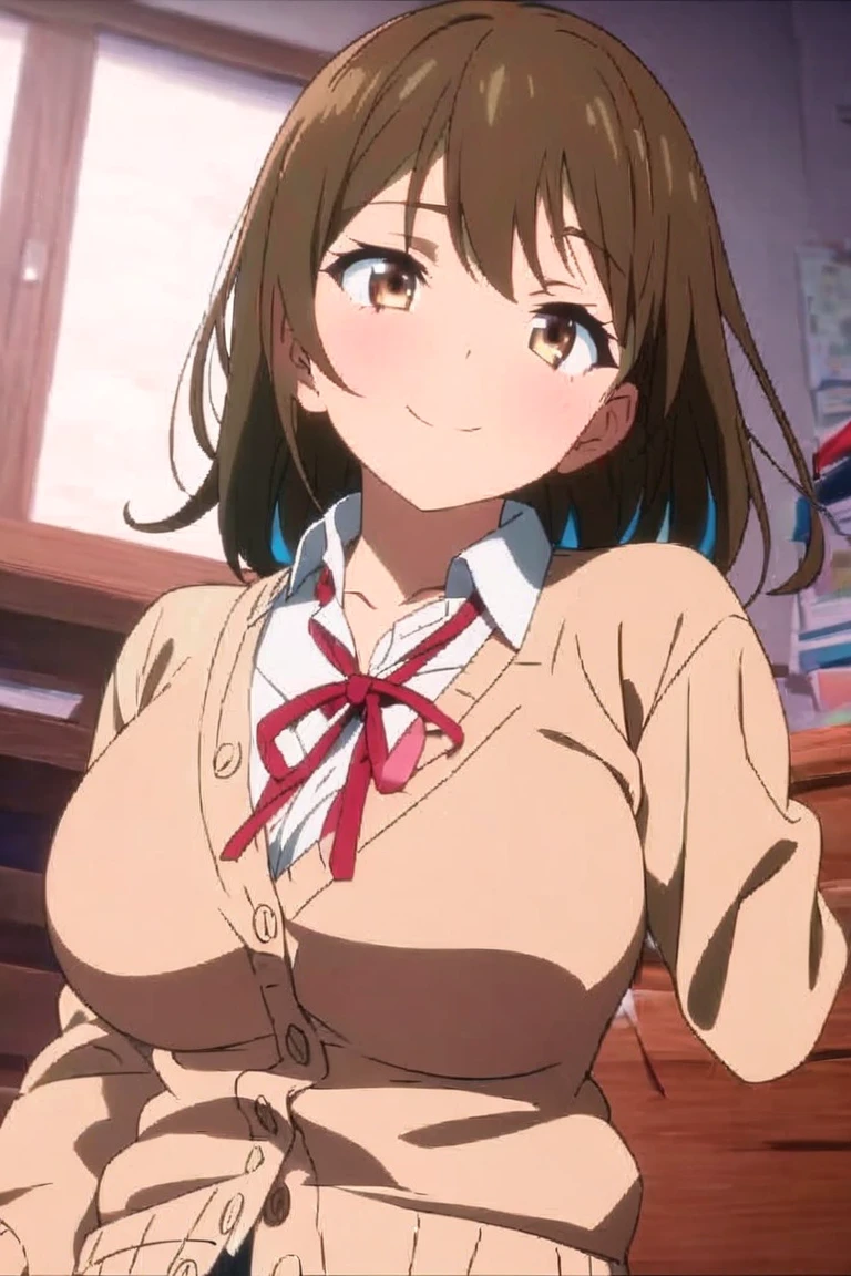 Ochako Uraraka, gray tailored suit, open tailored suit, A white blouse, open blouse, white lace bra, medium breasts, slips thong, green mid-thigh skirt, smiling, Classroom, noon.