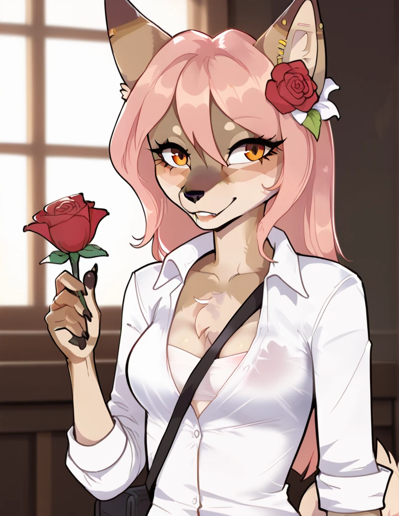 furry anthro Girl, coyote female, A woman with a long body, curvilinear,  long boobs ,  and long wild hair ,  dressed in a loose white shirt from the 17th century , tight to the chest ,  open neckline and pronounced ,  romantic novel clothing ,  holding a rose flower with her teeth ,  is romantically and sexually insinuated to the viewer, pose sensual,  the spectator touches her chest and the girl smiles  