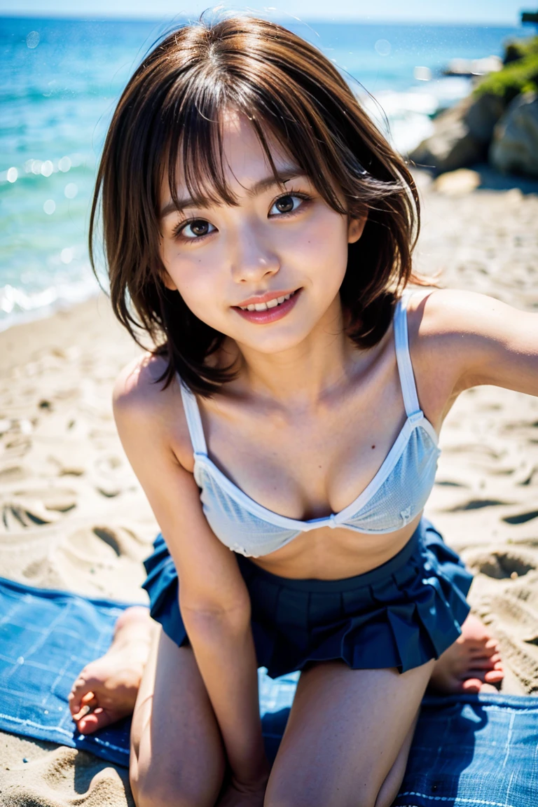 14 year old Japanese girl, Bob, Beach Volleyball, cute, smile, Thigh close-up