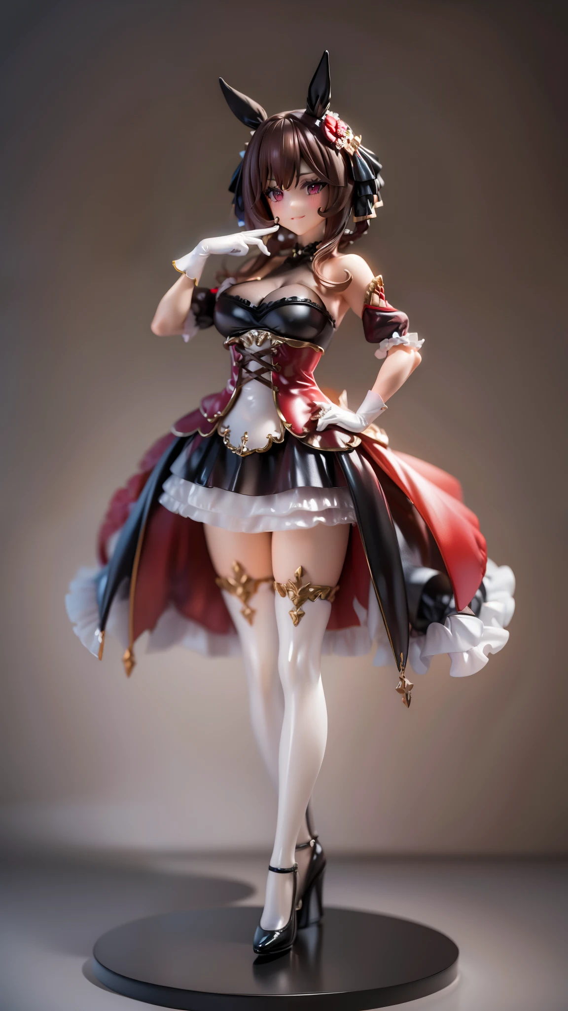 a digital painting of a very glamorous lady in costume, wearing high heels, 1girl, solo, animal ears, horse ears, horse girl, brown hair, horse tail, gloves, white background, tail, simple background, official alternate costume, thighhighs, high heels,