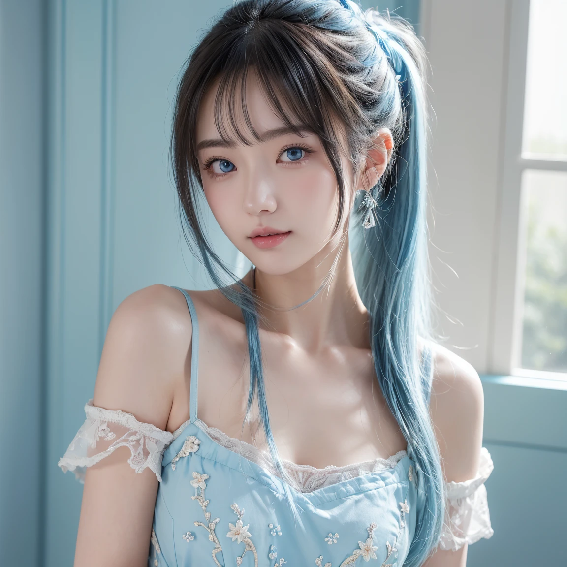 (masterpiece), ( best quality), ( super detailed),(  Messy hair),(illustration), (1 Girl),  to a standing, Smile,   exquisite detailed eyes  ,  Light blue eyes,  Delicate Beautiful Face , (Kamisato Ayaka: 1.2), Focus on the face,  Ponytail, Kamisato Ayaka( genshin ),  Light Blue Hair ,  detailed hair , Bangs, Optimal lighting,  Best Shadow ,  is very detailed , Vibrant