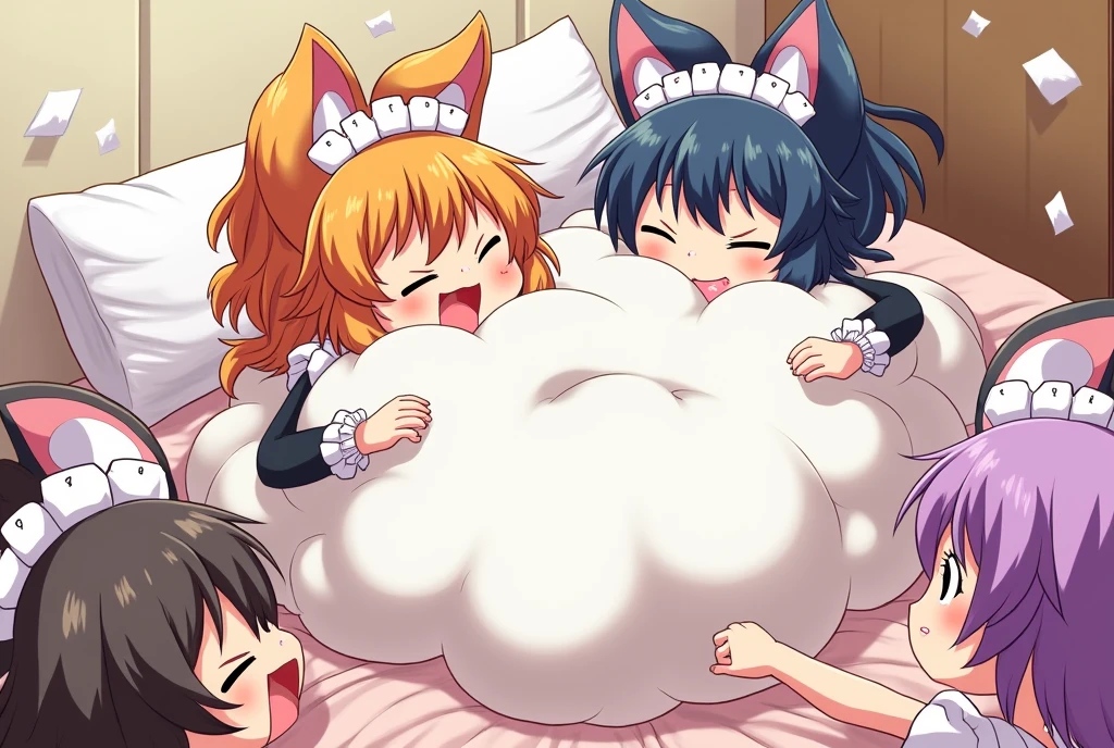 (chibi 2girls:1.4), anime visual, (tilt head:1.3), realistic lighting and shading, (an extremely delicate and beautiful art:1.3), A girl wearing a yellow cat ears helmet and a white coat, a girl with light purple hair lying on an examination table, the light purple haired girl's belly is big and pregnant,