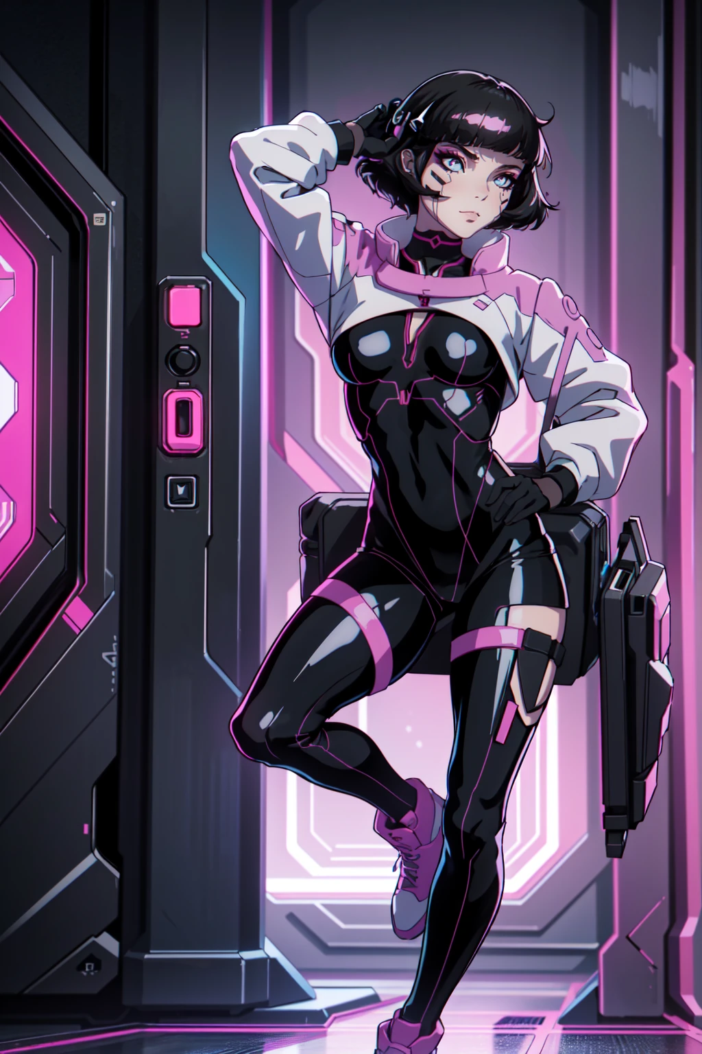 Create an illustration of Sasha from Cyberpunk: Edgerunners. She is a young netrunner with a slender and agile physique, reflecting her hacker lifestyle. Her hair is short, (black hair), messy, and brightly colored, often with neon highlights like electric blue or vibrant pink. Her (blue eyes) have a sharp, tech-enhanced glow, hinting at cybernetic implants. Sasha wears a sleek, tactical bodysuit designed for mobility and stealth, primarily in shades of black and dark gray, accented with neon lines that pulse softly with her netrunning activity. She also sports a high-tech visor or goggles over her eyes, loaded with digital HUD displays. Her gloves are fingerless, exposing cybernetic fingertips perfect for interfacing with technology. Completing her look are combat boots and a utility belt filled with small hacking tools and gadgets. The overall vibe is a mix of futuristic hacker aesthetic and street-smart edge, blending style and functionality. sitting on the floor, with pink shoes, dinamic poses, backwards, looking back