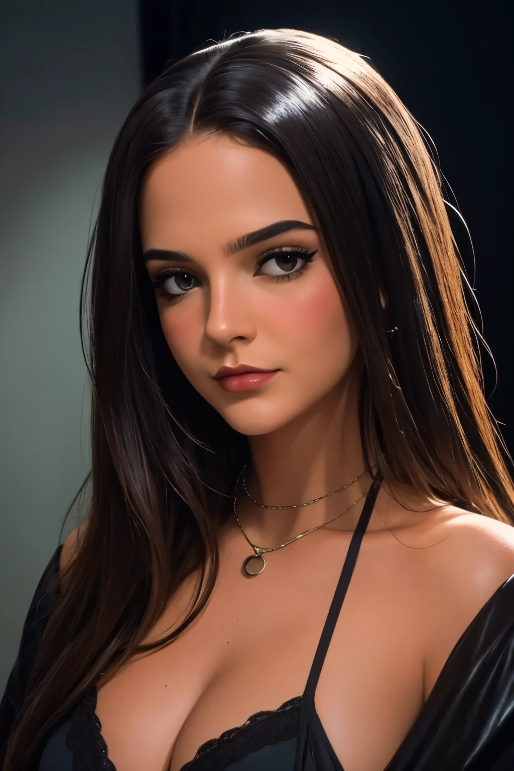 medium shot, film still, nostalgic portrait, gorgeous girl, m31m414, revealing clothes, cleavage, 80's, dark fantasy, chiaroscuro, dark hair, by Dario Argento, Roe Ethridge, Terence Donovan, UHD, RAW, Camcorder still