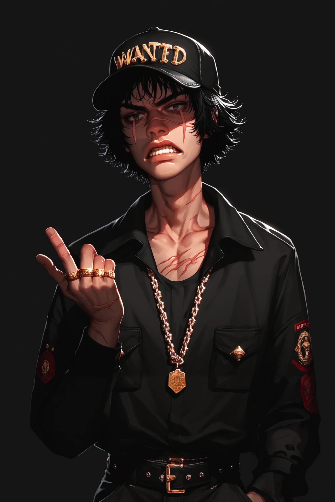 , Toji Fushiguro, a hand in his pocket ,Alone,  looking at the spectator ,  short hair, blows,  simple background, hate look  , threatening posture ,Gang member, dark eyes,  black hair , chains, scar,  Black background, retrato,, scar on face,  eye scar shirt,  covered collarbone,wanted criminal ,tatuajes,gold teeth,cap ,Diamond grillz,Hand gesture,rings,waist plane