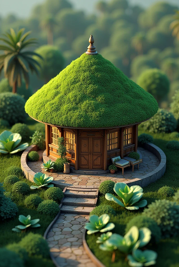 (3D isometric),( masterpiece ),  ( Extremely detailed CG Unity 8k wallpaper ), ( Better quality), ( best illustration), (best shade),,  , Balinese Temple , A round cabbage-covered moss-covered cabin, , render by octane, ray tracing , ultra detailed lingerie top