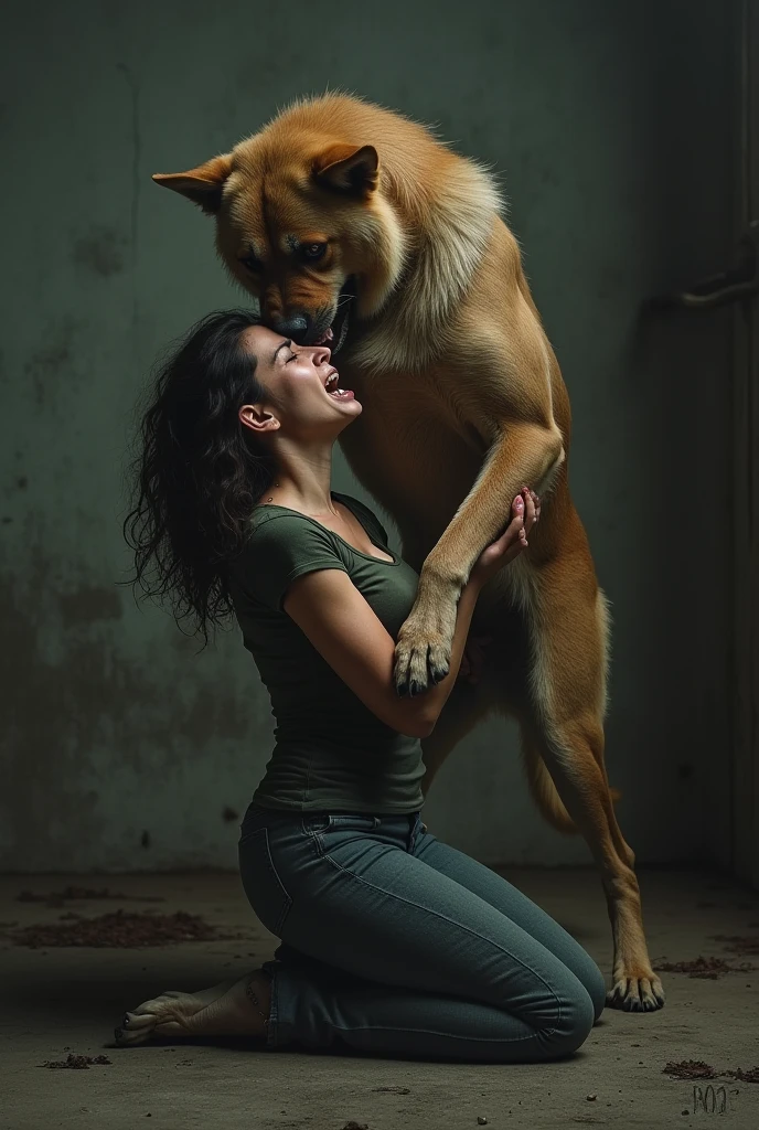 A woman on her knees is mounted from a big dog and she is crying ...