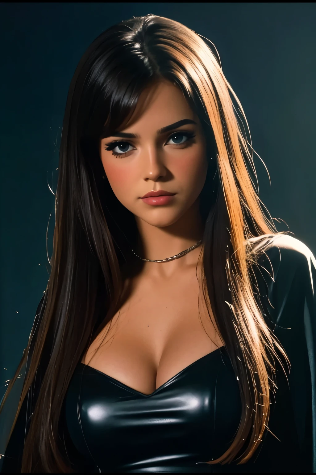 medium shot portrait, film still, nostalgic 80's, gorgeous girl, revealing clothes, cleavage, dark fantasy, chiaroscuro, dark hair, by Dario Argento, Roe Ethridge, Terence Donovan, UHD, RAW, Camcorder still
