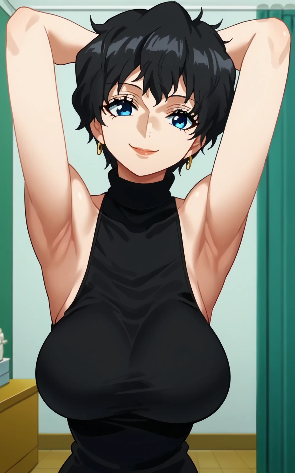 score_9, score_8_up, score_7_up, source_anime, anime screencap, 1girl, solo, Admiral Doll, black hair, blue eyes, large breasts, arms behind head, armpits, looking at viewer, head towards viewer, smile, badhandv4, closed mouth, indoors, black sweater, sleeveless sweater, ribbed sweater, turtleneck,