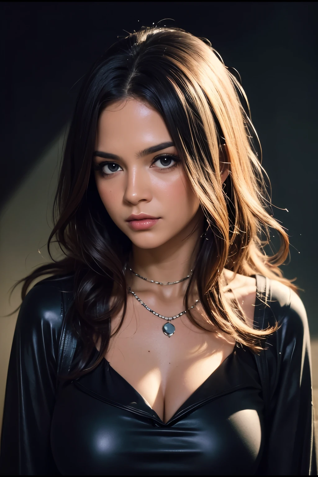 medium shot portrait, film still, nostalgic 80's, gorgeous girl, revealing clothes, cleavage, dark fantasy, chiaroscuro, dark hair, by Dario Argento, Roe Ethridge, Terence Donovan, UHD, RAW, Camcorder still