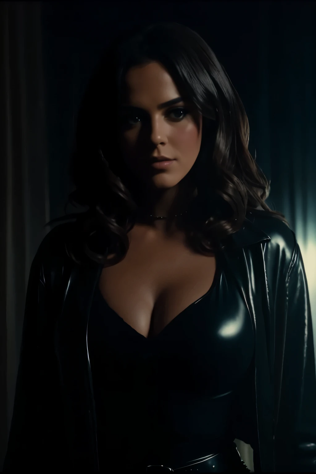 medium shot portrait, film still, nostalgic 80's, gorgeous girl, revealing clothes, cleavage, dark fantasy, chiaroscuro, dark hair, by Dario Argento, Roe Ethridge, Terence Donovan, UHD, RAW, Camcorder still
