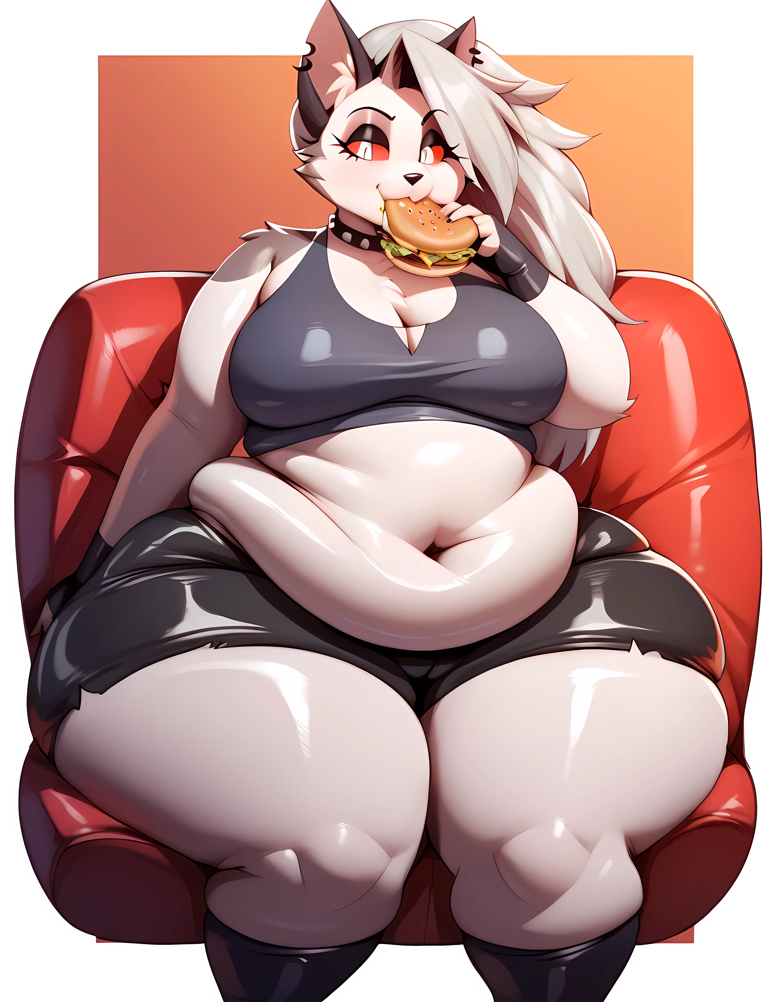 Loona Helluva Boss, fat body, sexy pose, ((Furry)), (ssbbw), very obese, perfect fat anatomy, belly soft like a marshmellow, eating fast food, sofa, sitting home, background, ((ONLY 1 Character)), latex black shorts,