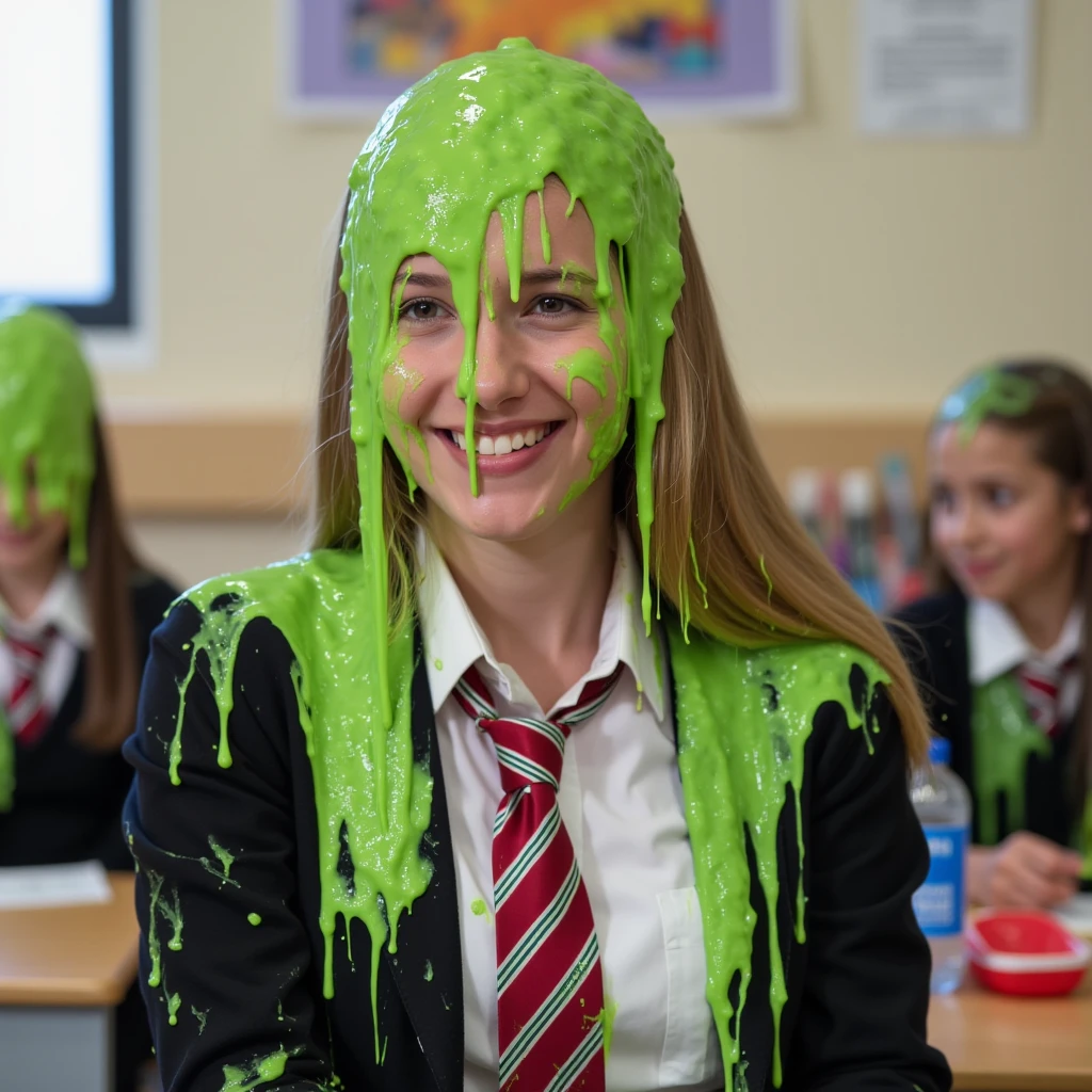 Portrait photograph of blonde woman covered in dripping green slime. Wearing white dress shirt with a neatly tied striped red tie. black blazer. short skirt Strict uniform. Slime oozes down her tie. f/1.4 aperture. hyper-realistic style. Slime. 8k. Masterpiece. Inside classroom. Sitting atop desk. Daytime. Golden light. Glistening liquid. Raw photo. Long layered haircut. Viscous strands dripping down face. Slime on chest.