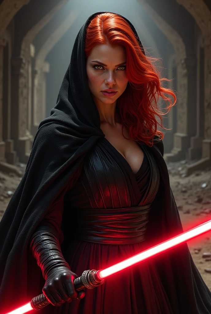 (best quality,highres,ultra-detailed,realistic:1.2),sith warrior,wielding two red lightsabers,red headed woman,perfect face,perfect body with firm breasts and subtly pronounced abs,beautiful detailed eyes,beautiful detailed lips,long eyelashes,dark hair,red hair flowing in the wind,sith cloak flowing in the wind,fierce expression,dramatic lighting,black background,confident stance,glowing red lightsaber blades,red glow reflecting on her face and cloak,subtle smoke effects surrounding the lightsabers,sharp focus,vivid colors,bokeh
