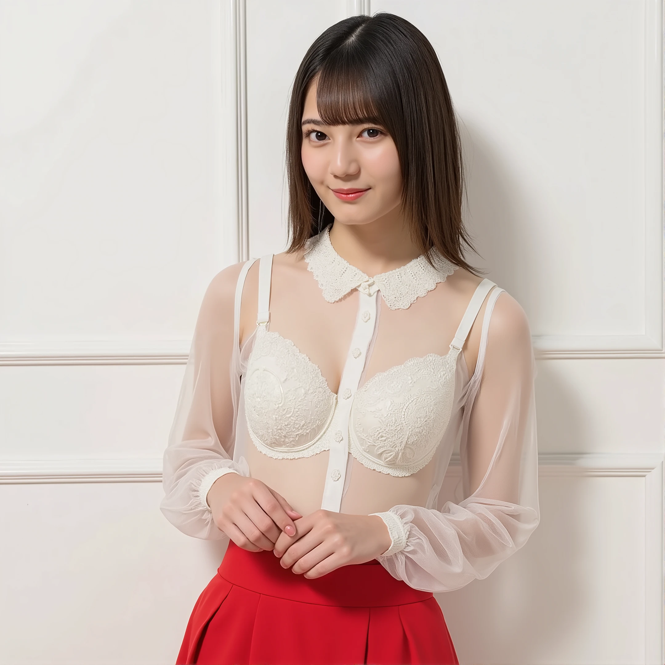 ((( High resolution,top quality, super detailed, Masterpiece , very detailed,realistic,real person,Ultra detailed skin))) ,simple background, from front, medium shot, looking at viewer , smile, (standing), black hair, medium hair, half updo, medium breasts, cleavage, (see-through blouse, bra visible through clothes), skirt