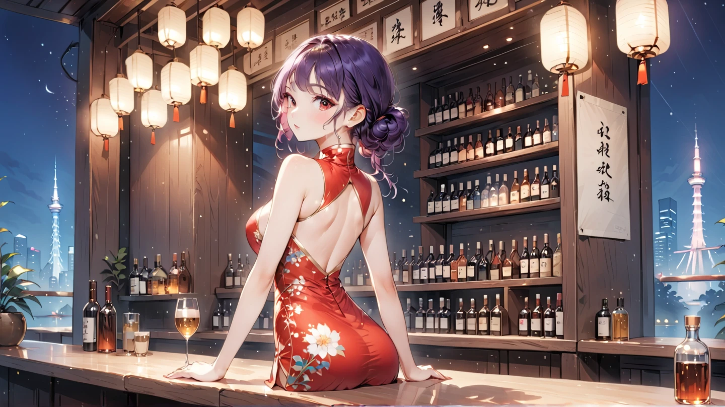 rating_safe, score_9, score_8_up, score_7_up, source_anime, masterpiece, best quality, solo, 1girl, wondering face, firm breasts(she is wearing red hugging cheongsam and white floral, tanline) ( sleep on bar counter, look back, side view) see butt and hip, lough bar Tokyo, (Japan), best quality, 8k,