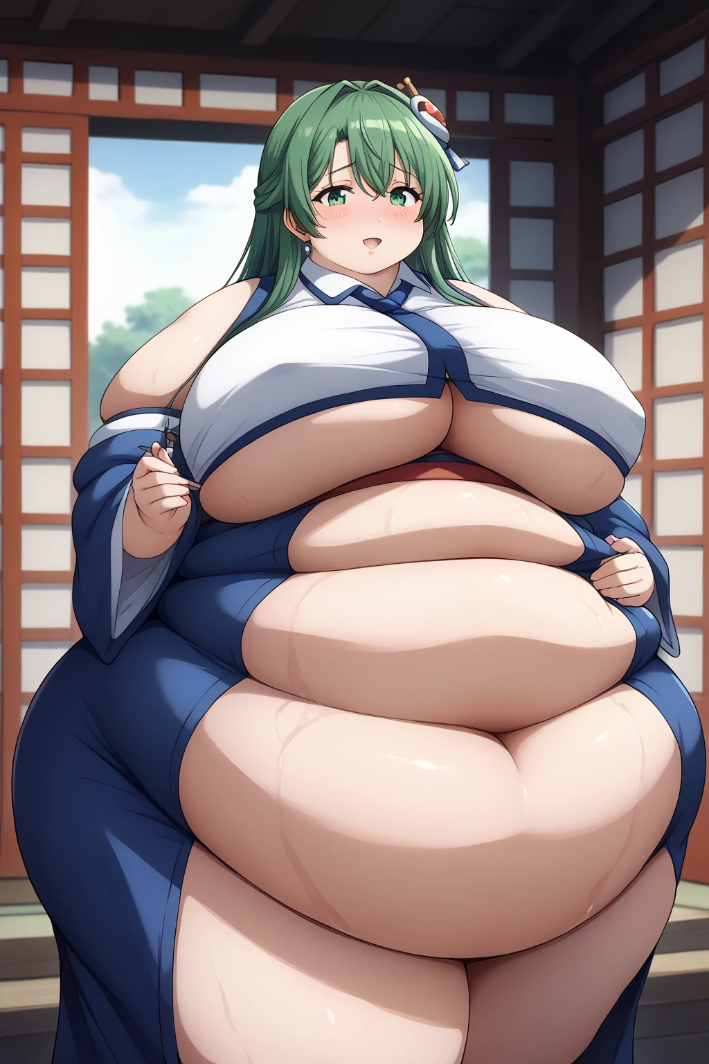 Sanae Kochiya,sanae kochiya, long hair、 green hair、 green eyes、 hair tube、Snake hair ornament, collared shirt,  white shirt、 Detached Sleeves 、 wide sleeve、 blue skirt、 frill skirt 、milf,Obese middle-aged woman, score_9,  score_8_ up、 score_7_ up、 score_6_ up、 score_5_ up、 score_4_ up、 masterpieces at the front door of the house、 top quality 、 very aesthetic、 absurd、 Anime Woman 、 one woman、Alone、 personal , Super huge breasts,((( super huge clevis, Super huge, Super huge boob))),Curvy、 chubby、blush、 embarrassing expression 、 troubled expression, Stomach flesh sticking out of clothes 、 sloppy stomach、(torii, Shrine Precincts )、 I'm worried about fat around my stomach 、