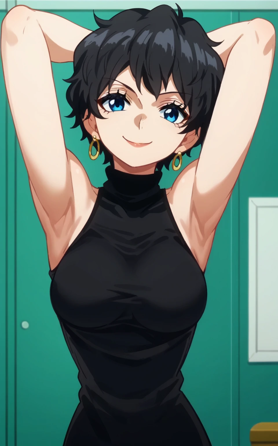 score_9, score_8_up, score_7_up, source_anime, anime screencap, 1girl, solo, Doll, black hair, blue eyes, medium breasts, arms behind head, armpits, looking at viewer, head towards viewer, smile, badhandv4, closed mouth, indoors, black sweater, sleeveless sweater, ribbed sweater, turtleneck, earring