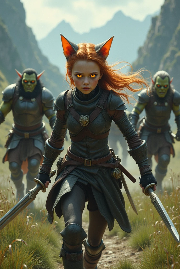  close-up ,On the side ,  fantasy style (Tolkien,lord of the rings,middle earth), на переднем плане Cat-Eared Girl (young cat girl , incredibly slender and sporty , large glowing orange cat eyes ,  light fur on her ears , light reddish hair on her head , a long cat's tail is covered in reddish blond hair ), dressed in light dark leather armor ,  in her right hand is a short sword , long dagger on the left , battle scream ,  is getting ready to fight several orcs with wars with swords and armor(  three different orcs in armor and swords attack a cat girl ),  against the backdrop of middle-earth landscapes , incredible quality ,Maximum realism, photorealism ,( Ugly green-skinned orcs in armor and with swords pile up the Cat-Eared Girl ),battle scene,  catgirl looks at three orcs with swords and fights with them ,  in her right hand, the sword ,  in her left hand is a long dagger , Fight Scene)