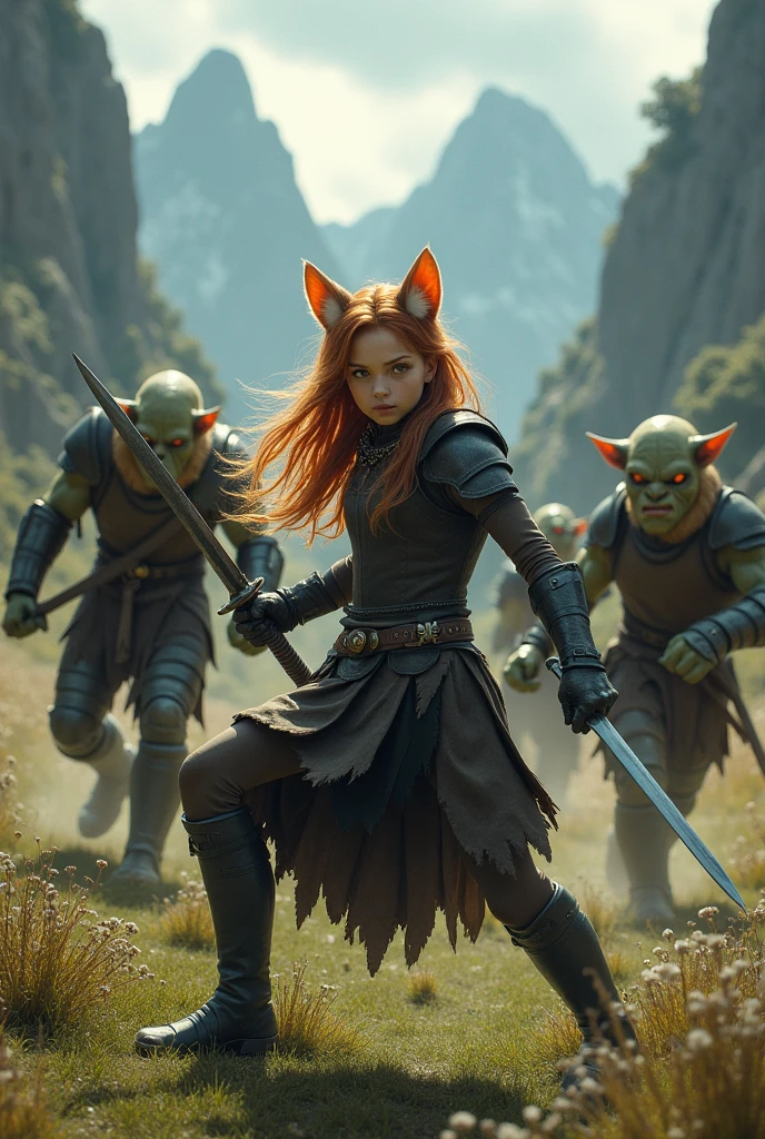  close-up ,On the side ,  fantasy style (Tolkien,lord of the rings,middle earth), на переднем плане Cat-Eared Girl (young cat girl , incredibly slender and sporty , large glowing orange cat eyes ,  light fur on her ears , light reddish hair on her head , a long cat's tail is covered in reddish blond hair ), dressed in light dark leather armor ,  in her right hand is a short sword , long dagger on the left , battle scream ,  is getting ready to fight several orcs with wars with swords and armor(  three different orcs in armor and swords attack a cat girl ),  against the backdrop of middle-earth landscapes , incredible quality ,Maximum realism, photorealism ,( Ugly green-skinned orcs in armor and with swords pile up the Cat-Eared Girl ),battle scene,  catgirl looks at three orcs with swords and fights with them ,  in her right hand, the sword ,  in her left hand is a long dagger , Fight Scene)