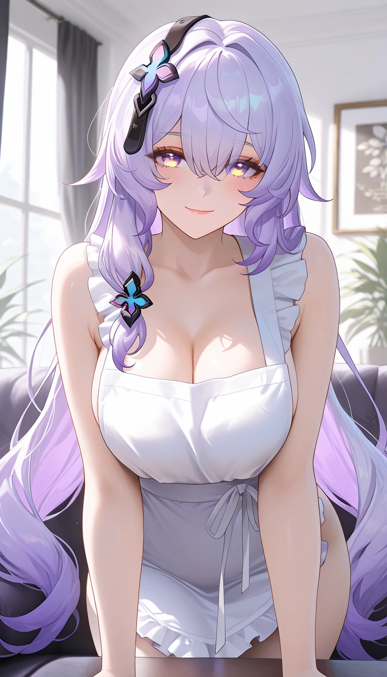 ultra-detailed,(best quality),((masterpiece)),(highres),original,extremely, 1girl, black swan,honkai star rail,beautiful lady, milf, beautiful woman, beautiful body, mature,sexy, mother, looking at viewer, yellow eyes, purple hair, large breasts, blush,closed mouth,kind smile, happy, multicolored hair, long hair, naked apron , living room,on the sofa ,bere naval,