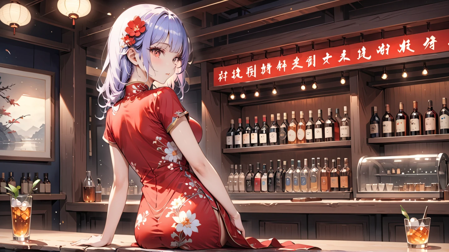 rating_safe, score_9, score_8_up, score_7_up, source_anime, masterpiece, best quality, solo, 1girl, wondering face, firm breasts(she is wearing red hugging cheongsam and white floral) ( lying her stomach on bar counter, look back, side view) , lough bar Tokyo, (Japan), best quality, 8k,