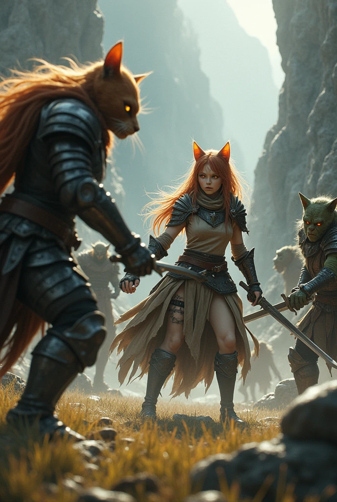  close-up ,On the side ,  fantasy style (Tolkien,lord of the rings,middle earth), на переднем плане Cat-Eared Girl (young cat girl , incredibly slender and sporty , large glowing orange cat eyes ,  light fur on her ears , light reddish hair on her head , a long cat's tail is covered in reddish blond hair ), dressed in light dark leather armor ,  in her right hand is a short sword , long dagger on the left , battle scream ,  is getting ready to fight several orcs with wars with swords and armor(  three different orcs in armor and swords attack a cat girl ),  against the backdrop of middle-earth landscapes , incredible quality ,Maximum realism, photorealism ,( Ugly green-skinned orcs in armor and with swords pile up the Cat-Eared Girl ),battle scene,  catgirl looks at three orcs with swords and fights with them ,  in her right hand, the sword ,  in her left hand is a long dagger , Fight Scene)