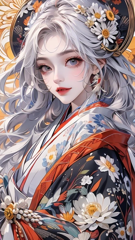  long silvery hair ,  hair is sharp like a needle , with hair partially standing on end, eyes are snake eyes  ,  white skin like snow  , smiling mouth,All teeth are sharp  ,  gorgeous black Japanese kimono ,Chrysanthemum pattern , yellow chrysanthemum flowers , red chrysanthemum flowers ,White Chrysanthemum,The background is a boned dragon and a pile of bones 