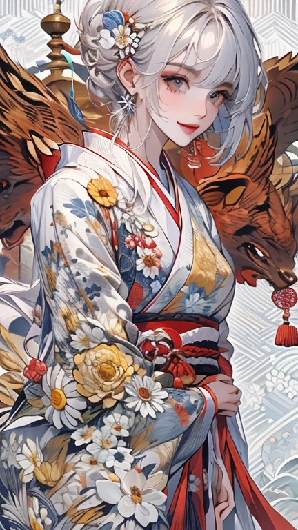  long silvery hair ,  hair is sharp like a needle , with hair partially standing on end, eyes are snake eyes  ,  white skin like snow  , smiling mouth,All teeth are sharp  ,  gorgeous black Japanese kimono ,Chrysanthemum pattern , yellow chrysanthemum flowers , red chrysanthemum flowers ,White Chrysanthemum,The background is a boned dragon and a pile of bones 