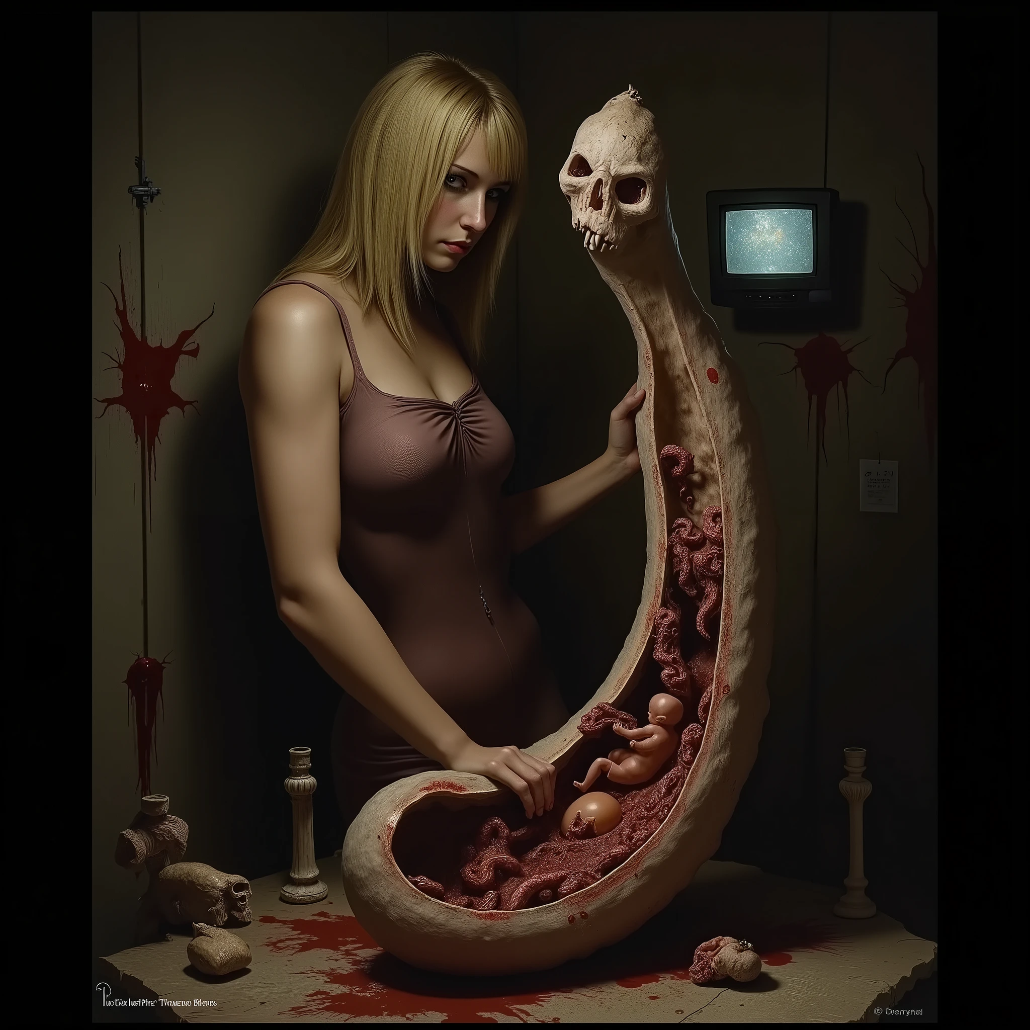 "(the best lighting, high contrast , dark, dramatic),(Blonde woman next to a giant jelly weasel, Open the rib cage, fetus, autopsy, human bones, blood on the walls), tv on . Light Caravaggio"