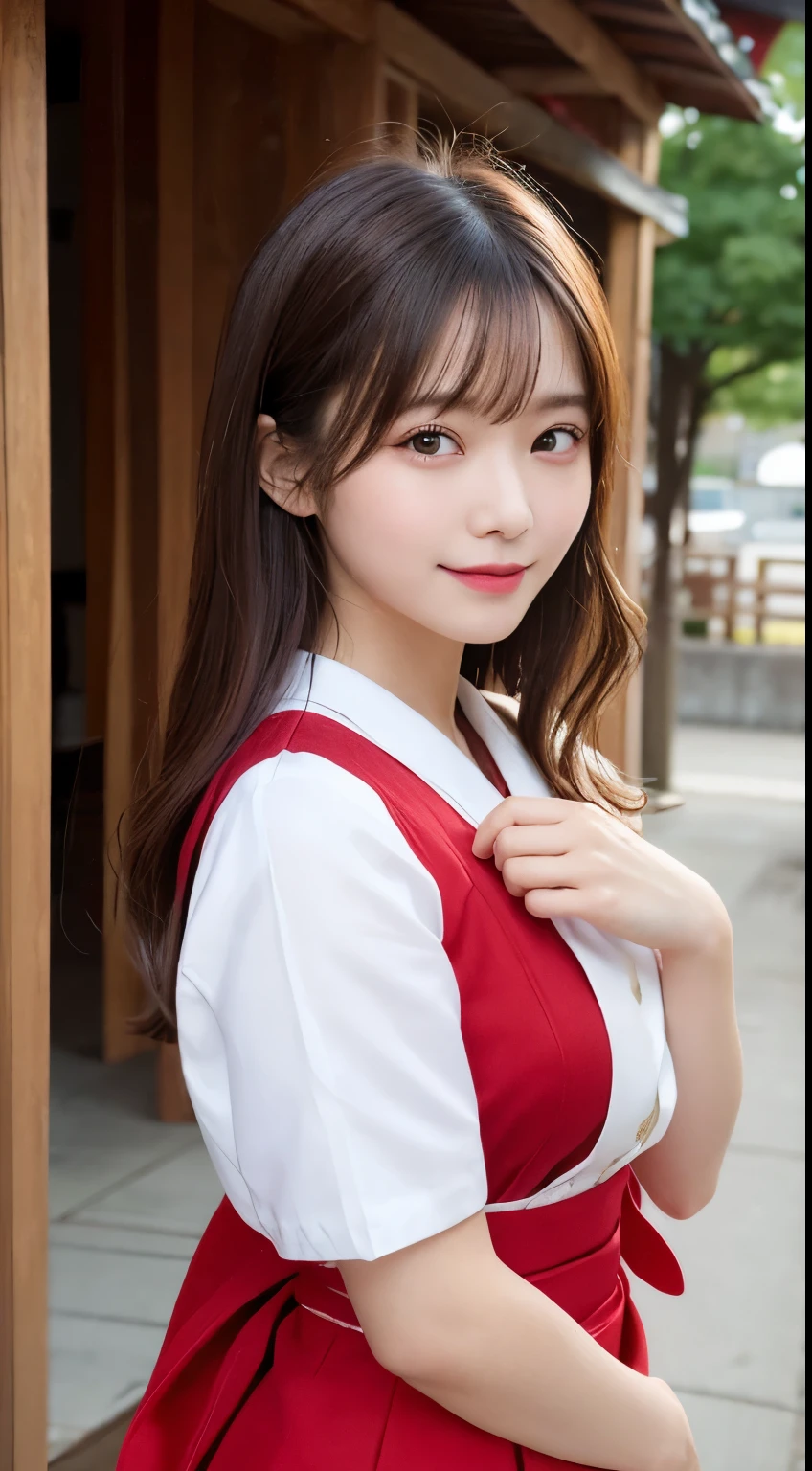(RAW Photos), (Realistic), (masterpiece), (highest quality), High resolution, 8k, (Intricate details), (Volumetric Light), Portraiture, woman, Age 35, Medium Hair, Straight hair, Mid-chest, Layered Hair, Brown Hair, Very beautiful eyes, Source order, Very thin eyebrows, Very fine skin, Very beautiful mouth, Very nice nose, Cute like an idol, smile, (Thick lips), (Looking at the audience), (See-through red collared dress shirt), Above the knee shot,Smiling and laughing,