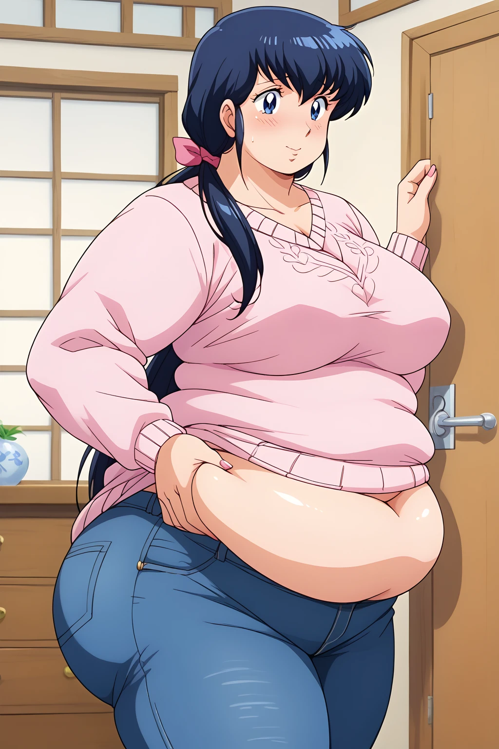 Otonashi Kyoko, Kyoko Otonashi　Maison Ikkoku,  long hair, 紺色の髪,((low ponytail,  pink barrette ribbon)), Dark blue eyes,((  pink sweater , Blue jeans)), Japanese-style room,milf,  embarrassing expression , troubled expression,Huge saggy breasts, sloppy stomach,I'm pinching my stomach,Fat face,Obese middle-aged woman, score_9, score_8_ up、 score_7_ up、 score_6_ up、 score_5_ up、 score_4_ up、 masterpieces at the front door of the house、 top quality 、 very aesthetic、 absurd, source ,  anime screencap, one woman、Alone、 personal , (fat boobs, fat belly, fat ass), Curvy、 chubby,