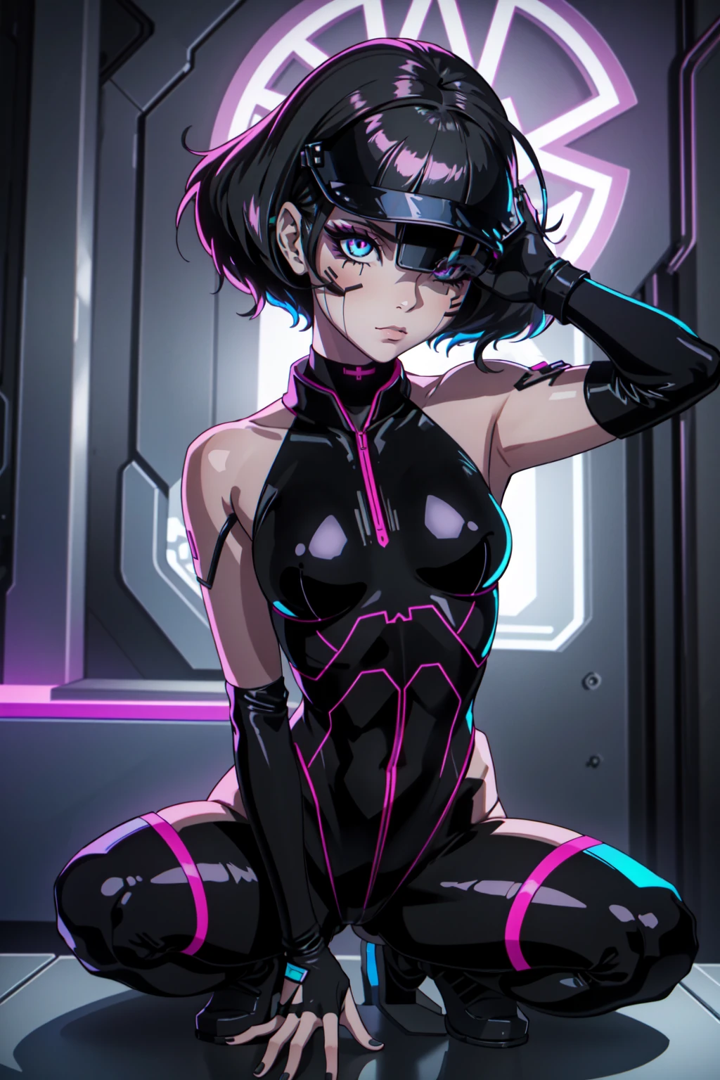 Create an illustration of Sasha from Cyberpunk: Edgerunners. She is a young netrunner with a slender and agile physique, reflecting her hacker lifestyle. Her hair is short, (black hair), messy, and brightly colored, often with neon highlights like electric blue or vibrant pink. Her (blue eyes) have a sharp, tech-enhanced glow, hinting at cybernetic implants. Sasha wears a sleek, tactical bodysuit designed for mobility and stealth, primarily in shades of black and dark gray, accented with neon lines that pulse softly with her netrunning activity. She also sports a high-tech visor or goggles over her eyes, loaded with digital HUD displays. Her gloves are fingerless, exposing cybernetic fingertips perfect for interfacing with technology. Completing her look are combat boots and a utility belt filled with small hacking tools and gadgets. The overall vibe is a mix of futuristic hacker aesthetic and street-smart edge, blending style and functionality. sitting,  upper body