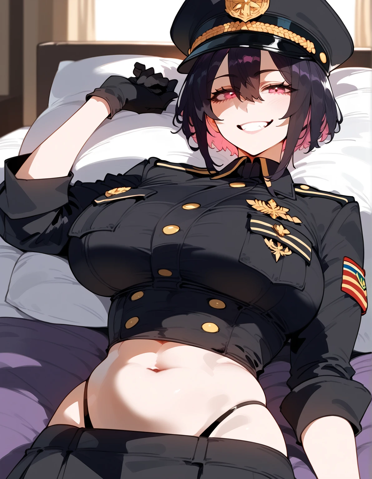 Anime girl who wears a very tight schoolgirl uniform, her hair is purple and very spiky, she has a collar patch that has a large red button in the center, she has long claws, she is very muscular, and a fang sticks out of her mouth while she smiles sadistically and crazy is in a classroom wearing a schoolgirl uniform
