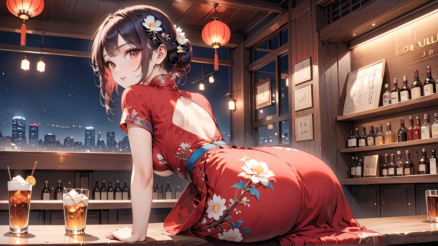 rating_safe, score_9, score_8_up, score_7_up, source_anime, masterpiece, best quality, solo, 1girl, wondering face, firm breasts(she is wearing red hugging cheongsam and white floral) ( sitting on bar counter, look back, side view) , lough bar Tokyo, (Japan), best quality, 8k,