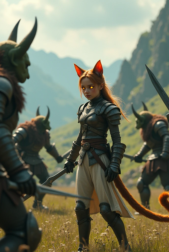  close-up ,On the side ,  fantasy style (Tolkien,lord of the rings,middle earth), на переднем плане Cat-Eared Girl (young cat girl , incredibly slender and sporty , large glowing orange cat eyes ,  light fur on her ears , light reddish hair on her head , a long cat's tail is covered in reddish blond hair ), dressed in light dark leather armor ,  in her right hand is a short sword , long dagger on the left , battle scream ,  is getting ready to fight several orcs with wars with swords and armor(  three different orcs in armor and swords attack a cat girl ),  against the backdrop of middle-earth landscapes , incredible quality ,Maximum realism, photorealism ,( Ugly green-skinned orcs in armor and with swords pile up the Cat-Eared Girl ),battle scene,  catgirl looks at three orcs with swords and fights with them ,  in her right hand, the sword ,  in her left hand is a long dagger , Fight Scene)