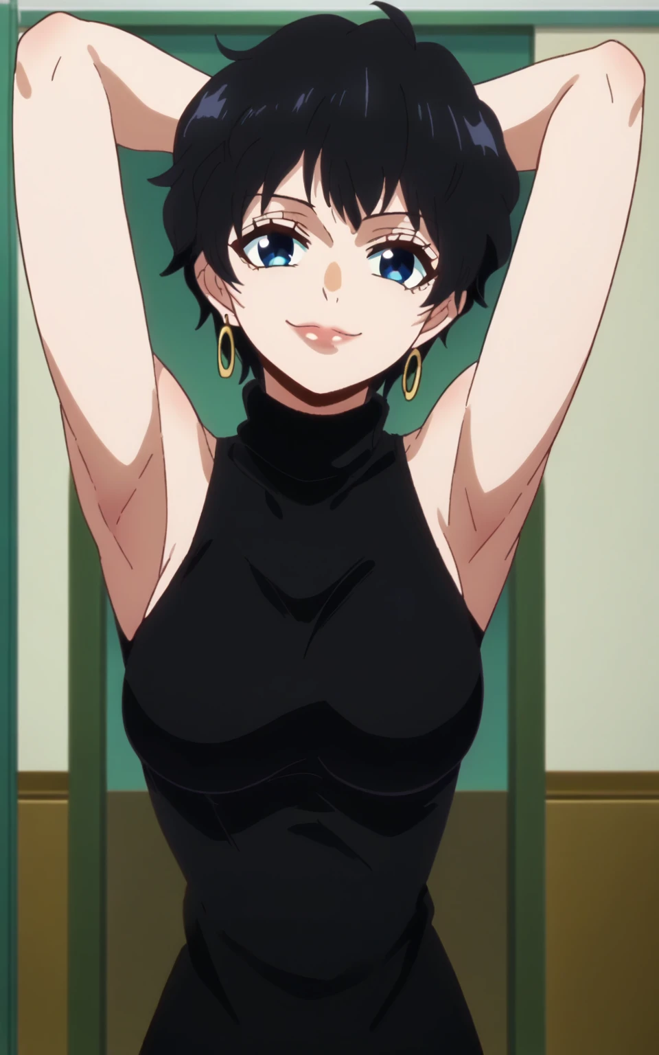 score_9, score_8_up, score_7_up, source_anime, anime screencap, 1girl, solo, Doll, black hair, blue eyes, medium breasts, arms behind head, armpits, looking at viewer, head towards viewer, smile, badhandv4, closed mouth, indoors, black sweater, sleeveless sweater, ribbed sweater, turtleneck, earring