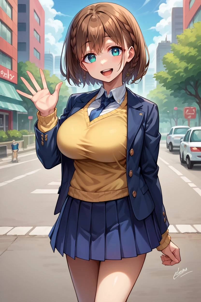 score_9, score_8_up, score_7_up, score_6_up, source_anime, BREAK 1girl, solo,  aichan, brown hair, cyan eyes, braid, blue blazer, yellow sweater vest, blue necktie, blue skirt, pleated skirt, large breasts, looking at you, happy, blue sky, tree, city, waving