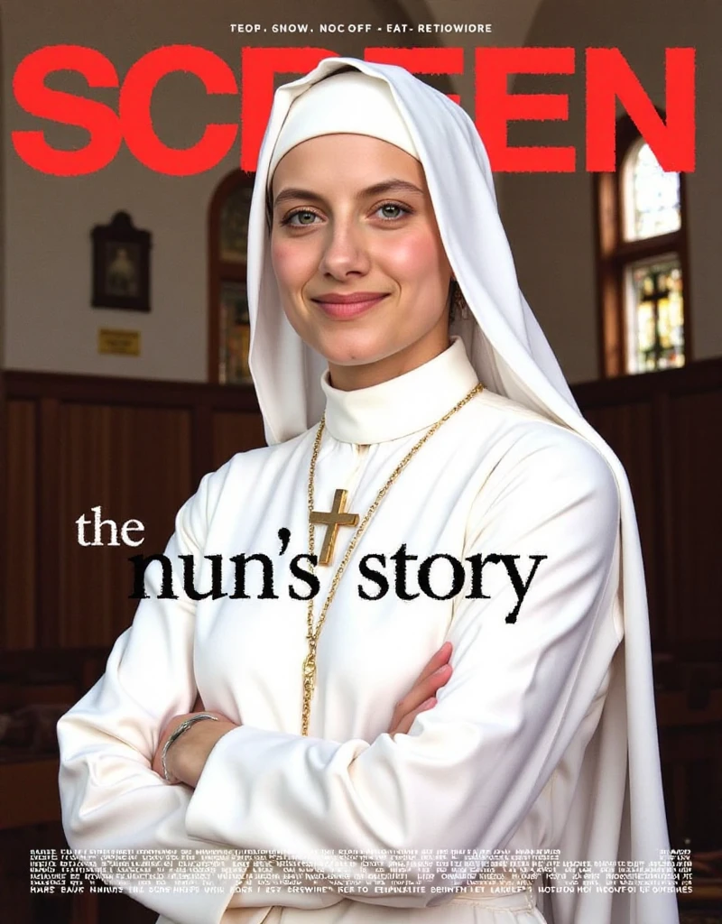 Photographic, Magazine front cover"" Screen " written in middle red decoration letters at the upper the screen, The Nun's Story " written in bottom black decoration letters at the center the screen, Front pose, standing pose, both hands cross, looking at viewer, Actu Melanie , 30-age, (smile ),(White Nun costume and White Veil, cross of iron with chain ).,background in convent, (super detail, high details, high quality, accurate, anatomically correct, textured skin, beautiful fingers super detail, high details, high quality, best quality)