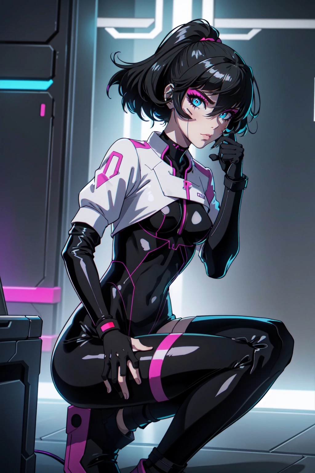 Create an illustration of Sasha from Cyberpunk: Edgerunners. She is a young netrunner with a slender and agile physique, reflecting her hacker lifestyle. Her hair is short, (black hair), messy, and brightly colored, often with neon highlights like electric blue or vibrant pink. Her (blue eyes) have a sharp, tech-enhanced glow, hinting at cybernetic implants. Sasha wears a sleek, tactical bodysuit designed for mobility and stealth, primarily in shades of black and dark gray, accented with neon lines that pulse softly with her netrunning activity. She also sports a high-tech visor or goggles over her eyes, loaded with digital HUD displays. Her gloves are fingerless, exposing cybernetic fingertips perfect for interfacing with technology. Completing her look are combat boots and a utility belt filled with small hacking tools and gadgets. The overall vibe is a mix of futuristic hacker aesthetic and street-smart edge, blending style and functionality. sitting,  upper body