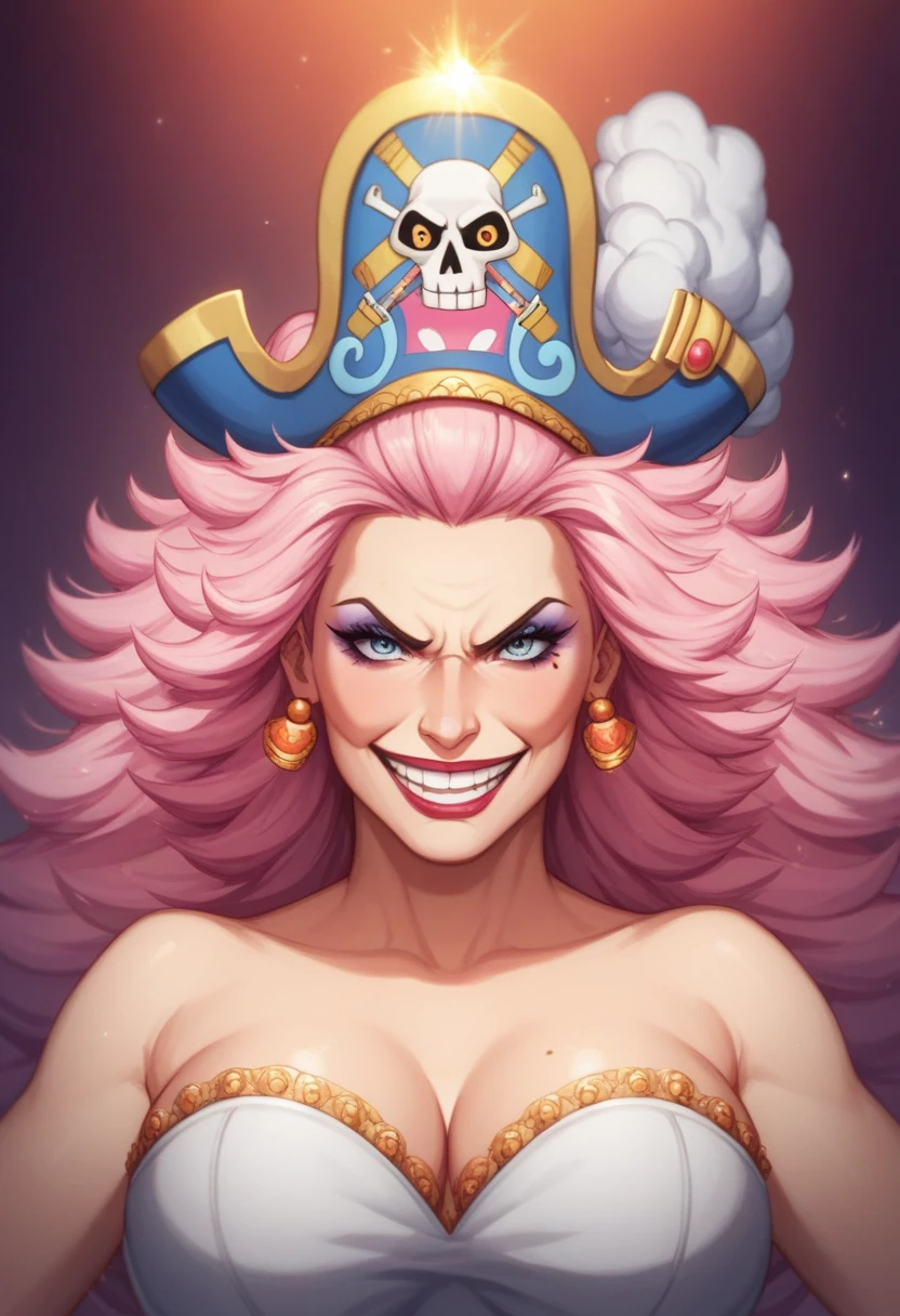 Create an image of a towering and powerful pirate queen with an aura of dominance and chaos. She has wild, flowing pastel-colored pink hair and a wide, menacing grin. Her outfit is flamboyant, featuring a vibrant dress with candy-themed patterns and gold accessories. Her presence is intimidating yet regal, with a massive pirate hat decorated with skull motifs and sweets. The setting is a fantastical candy-themed island under a stormy sky, with giant desserts and swirling clouds in the background. Her expression combines playful mischief with raw authority, and she holds a massive, enchanted sword crackling with energy. Big Mom of One Piece, by side