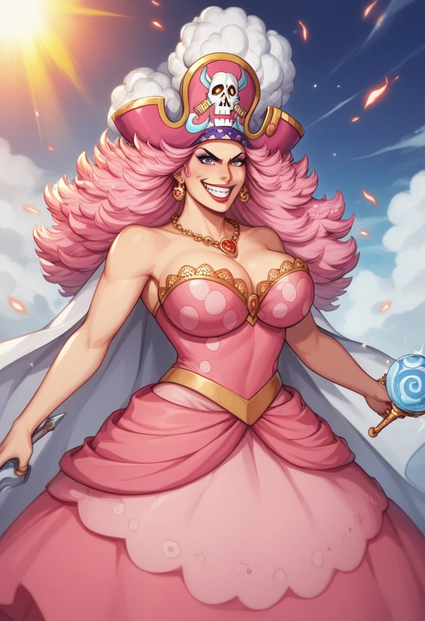 Create an image of a towering and powerful pirate queen with an aura of dominance and chaos. She has wild, flowing pastel-colored pink hair and a wide, menacing grin. Her outfit is flamboyant, featuring a vibrant dress with candy-themed patterns and gold accessories. Her presence is intimidating yet regal, with a massive pirate hat decorated with skull motifs and sweets. The setting is a fantastical candy-themed island under a stormy sky, with giant desserts and swirling clouds in the background. Her expression combines playful mischief with raw authority, and she holds a massive, enchanted sword crackling with energy. Big Mom of One Piece, by side