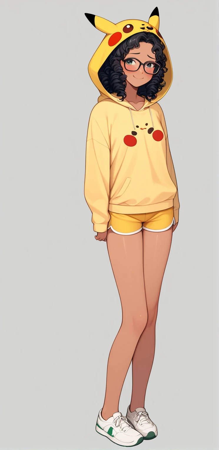  A girl, (  curly hair , with ties,  black hair)  teenager , ( wearing clothes : , Pikachucosplay, Pikachu \(Pikachu\), character print, hood, moletom com hood, yellow sweatshirt, A short yoga shorts .,   herself wearing glasses,  shy smile) .( shy face ,  tanned skin  ) Height : small .  ,  with a full body. A little fuller , (  manga style black and white ).